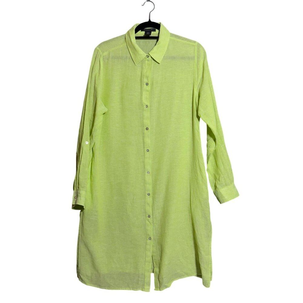 Tahari Roll Tab Sleeve Button Front Shirt Dress Women's Size Medium Lime Green